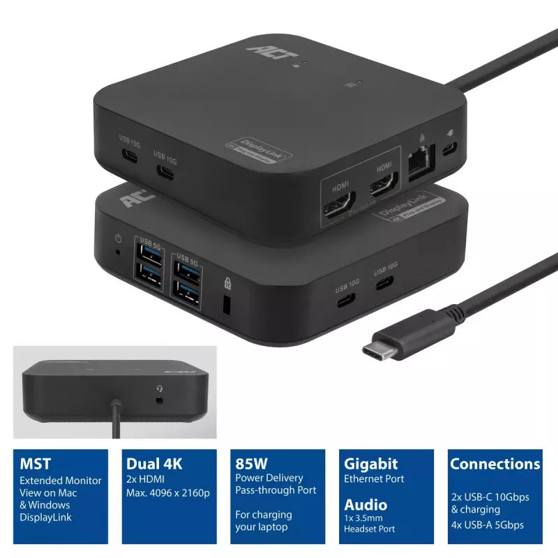 ACT Universal USB-C dokų stotelė 4K, 2 HDMI/DisplayPort monitoriams, DisplayLink, kompaktiškas dizainas