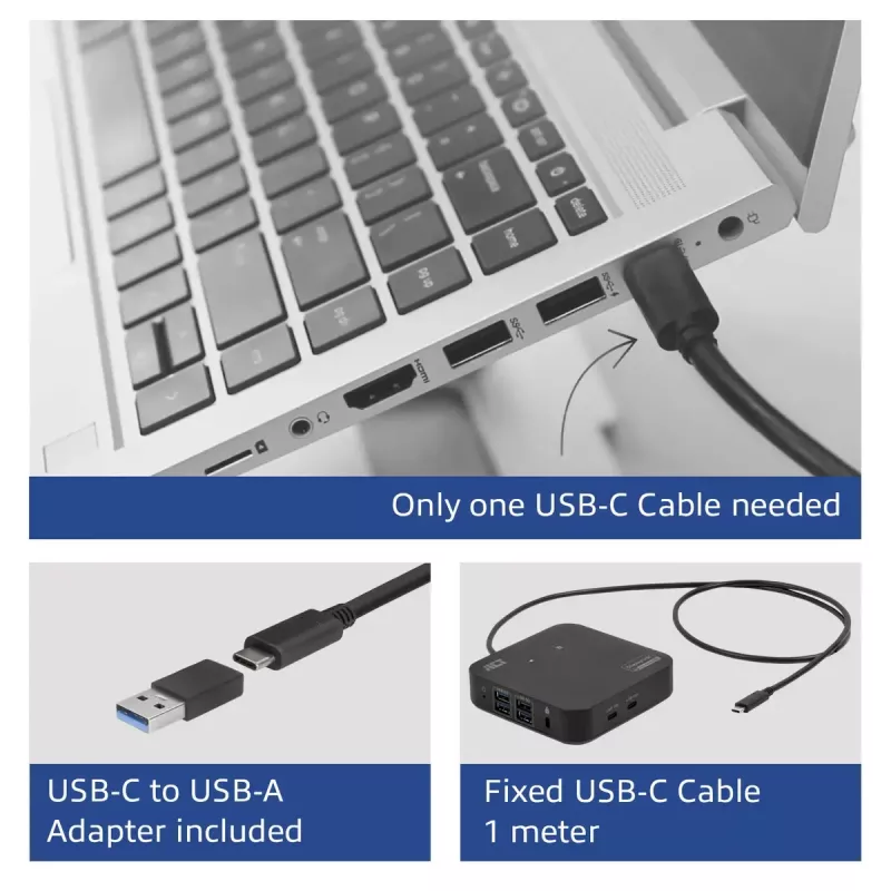 ACT Universal USB-C dokų stotelė 4K, 2 HDMI/DisplayPort monitoriams, DisplayLink, kompaktiškas dizainas