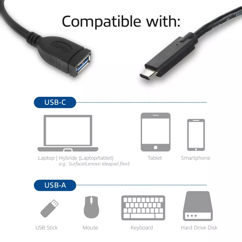ACT USB 3.0 laidas OTG USB-C (vyriškas) į USB-A (moterišką) 0,2 m, 5 Gbit/s