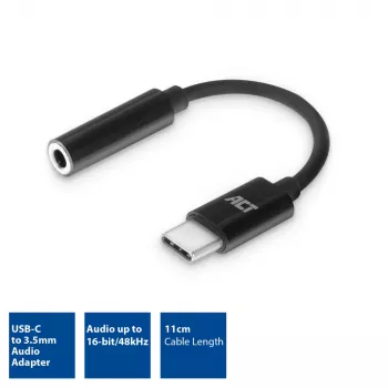 Garso adapteris ACT AC7380 USB-C (vyriškas) į 3,5 mm (moteriška) 0,11 m juodas