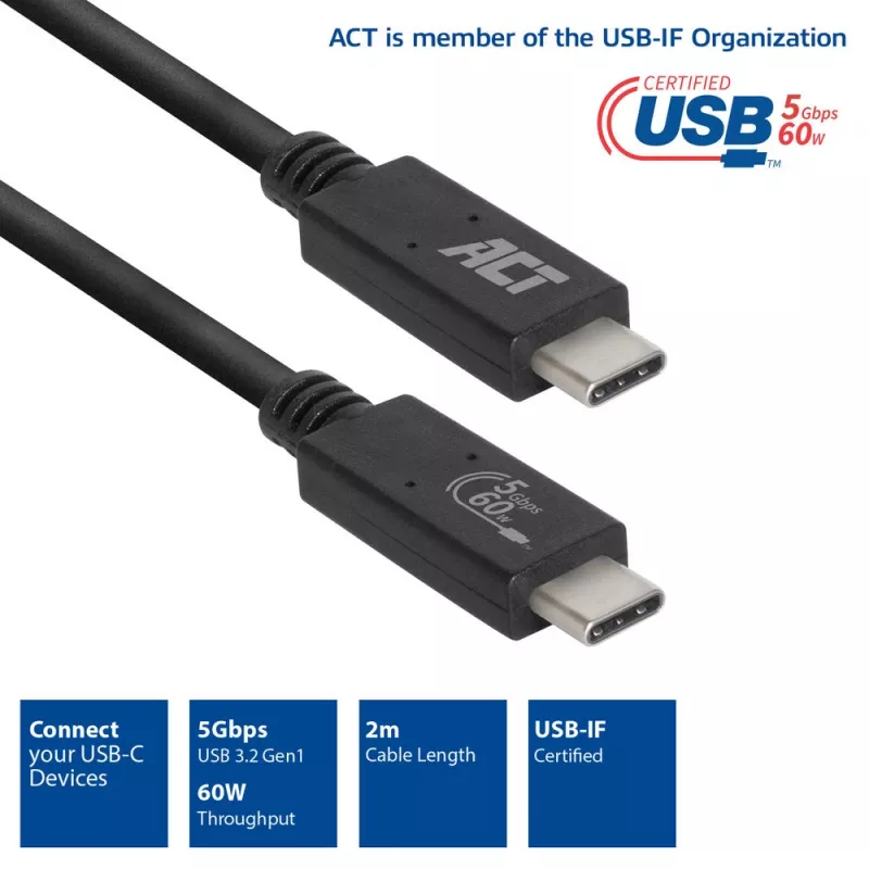 ACT USB 3.0 laidas USB-C USB-IF sertifikuotas 2 metrai 5 Gbit/s