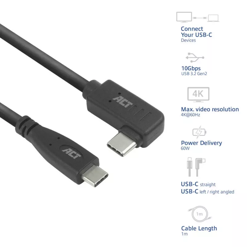 ACT USB 3.0 kampinis kabelis USB-C 1 m 5 Gbit/s juodas