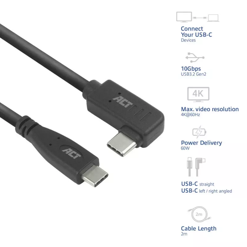 ACT USB 3.0 kampuotas USB-C laidas 2 m 5 Gbit/s Juoda