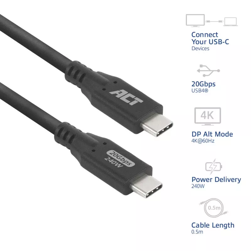 ACT USB4 20Gbps 240W USB Type-C laidas 0,5 m juodas