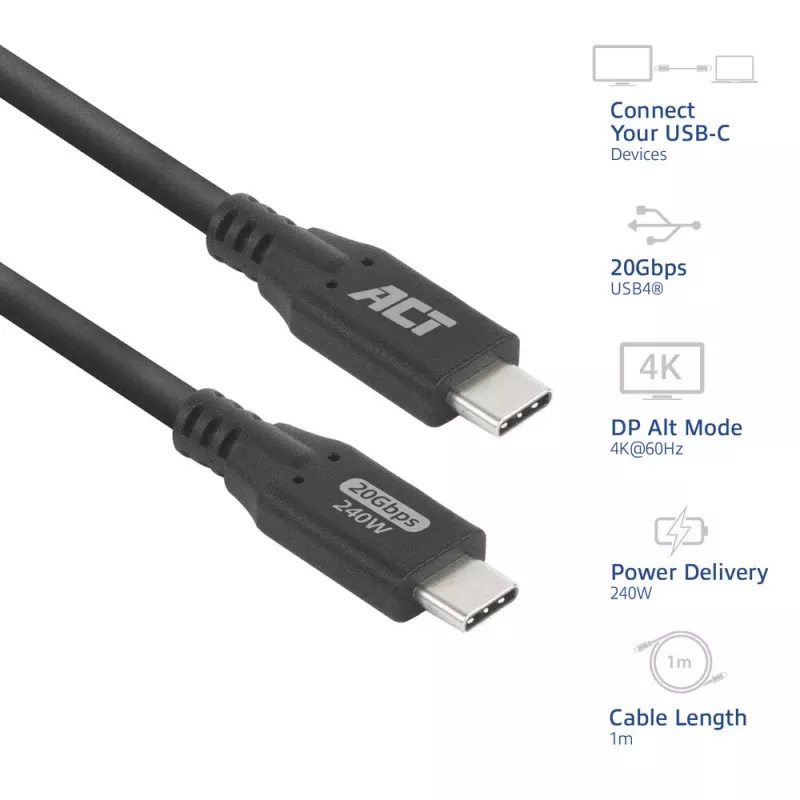 ACT USB4 20Gbps 240W USB Type-C laidas 1 m juodas