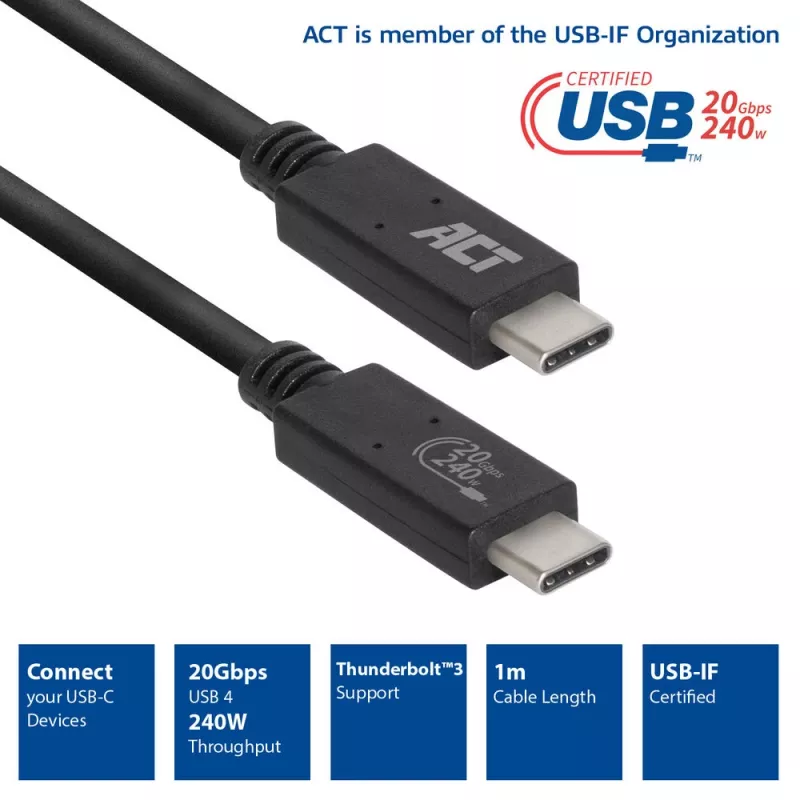 ACT USB4® 20Gbps laidas, USB-C, USB-IF sertifikuotas, 1 metras