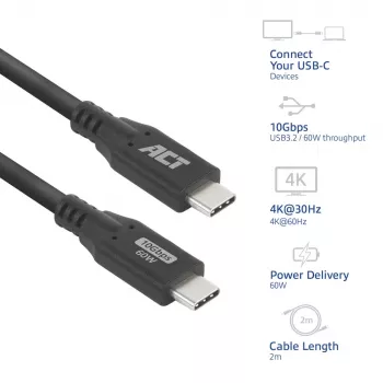 USB-C laidas ACT AC7442 2m 10Gbps 60W juodas