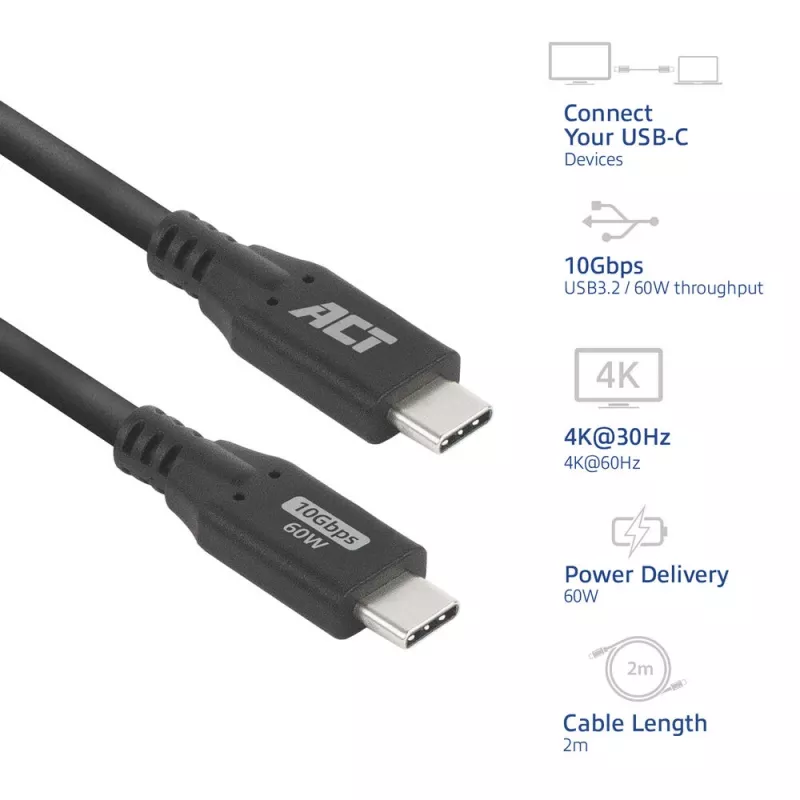 USB-C laidas ACT AC7442 2m 10Gbps 60W juodas