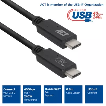 ACT USB4® 40Gbps 240W USB Type-C® laidas, USB-IF sertifikuotas, 0,8 m