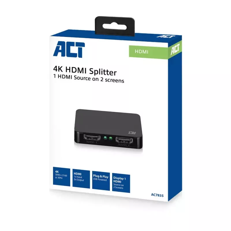 ACT AC7835 4K HDMI skirstytuvas 2 prievadai 3840 x 2160 juodas