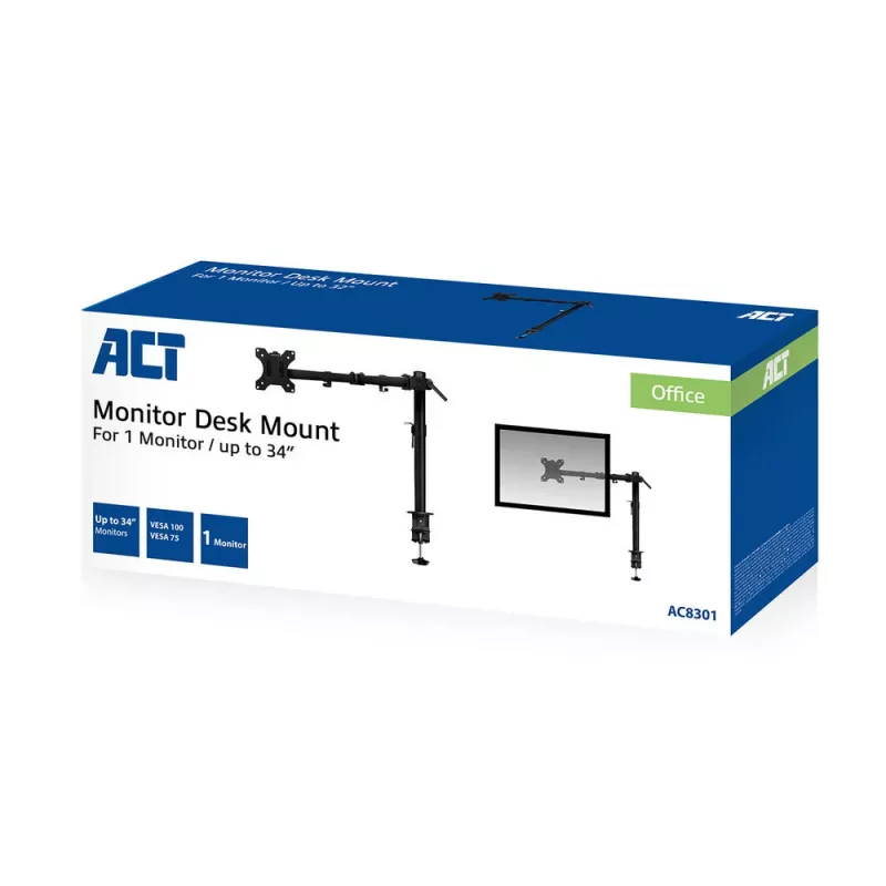 ACT Vieno monitoriaus laikiklis ACT AC8301, spaustuvinis/varžtinis, 8 kg, 10–32 colių