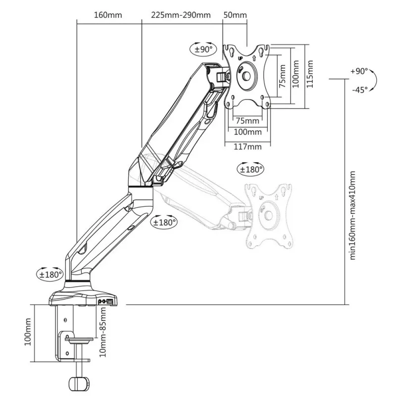 ACT Dujinė spyruoklė monitoriaus ranka Office juoda AC8311 Spaustuvas/Prakišamas 9 kg