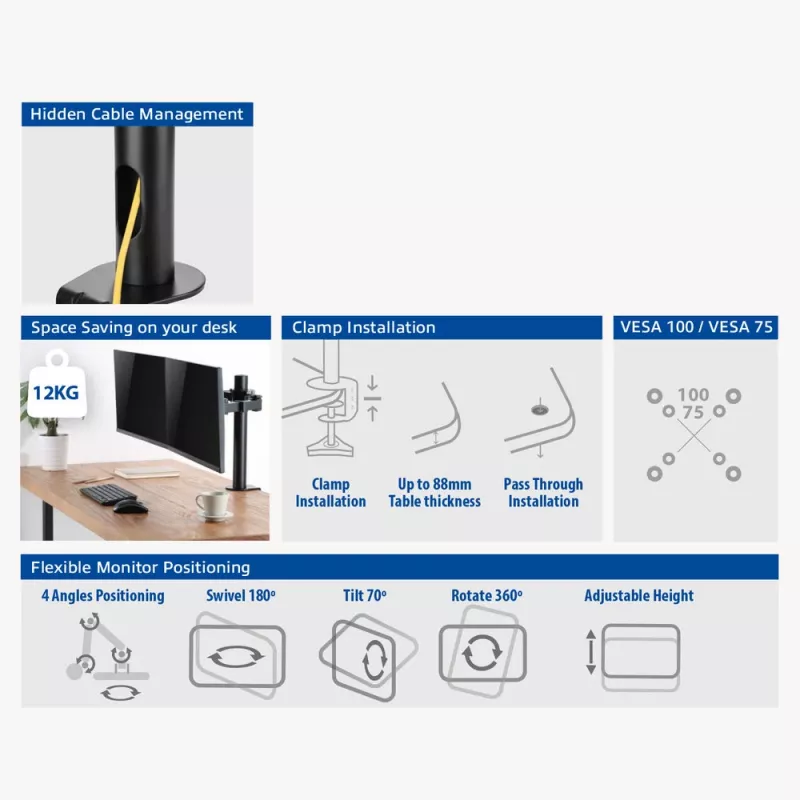 ACT dviejų monitorių laikiklis Office Solid Pro spaustuvu/per angą 12 kg 10-32 col.