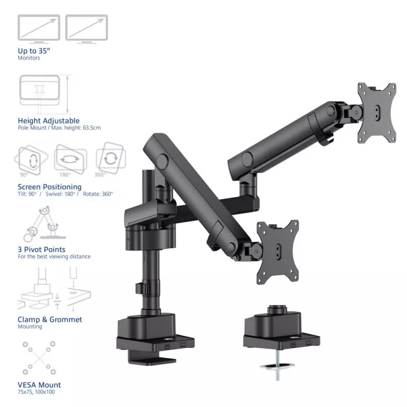ACT monitorių laikiklis 35 colių biuro solid pro, mechaninė spyruoklė, 2 monitoriai