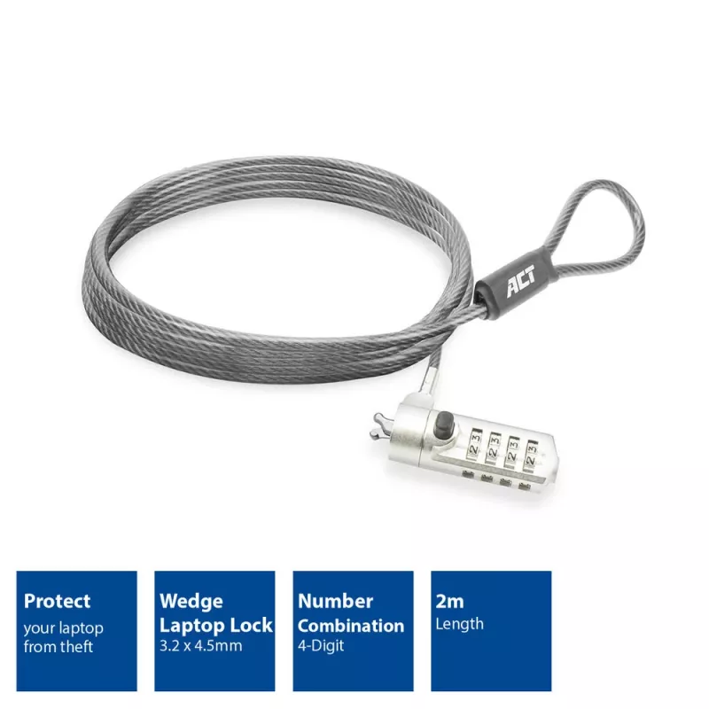 ACT Wedge Laptop Lock AC9035 spyna su kombinaciniu kodu, metalinis, 2 m kabelis