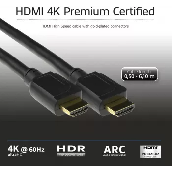 ACT HDMI laidas 3 m High Speed v2.0 premium sertifikuotas, HDMI-A kištukas – HDMI-A kištukas