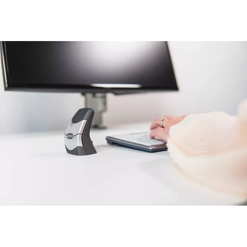 BakkerElkhuizen DXT 2 Precision Mouse belaidė, ambidekstrinė, vertikalaus dizaino, lazerinė, RF belaidė + Bluetooth, 2000 DPI, juoda, pilka
