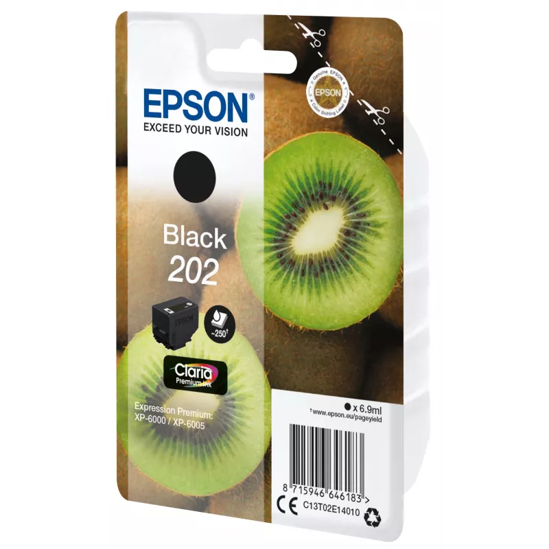Epson Kiwi juodas rašalo kasetė 202 Claria Premium, standartinė talpa, pigmentinis rašalas, 6,9 ml, 1 vnt., 250 puslapių