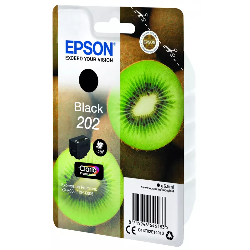 Epson Kiwi juodas rašalo kasetė 202 Claria Premium, standartinė talpa, pigmentinis rašalas, 6,9 ml, 1 vnt., 250 puslapių