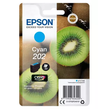 Epson Kiwi Original Cyan 202 Claria Premium rašalinė kasetė, standartinė talpa, 4,1 ml, 300 puslapių