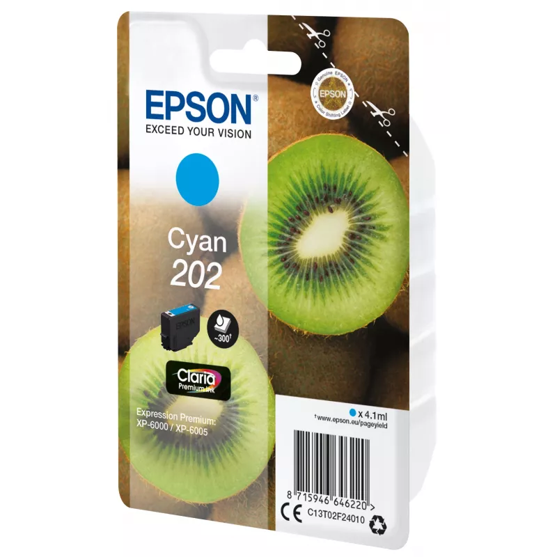 Epson Kiwi Original Cyan 202 Claria Premium rašalinė kasetė, standartinė talpa, 4,1 ml, 300 puslapių
