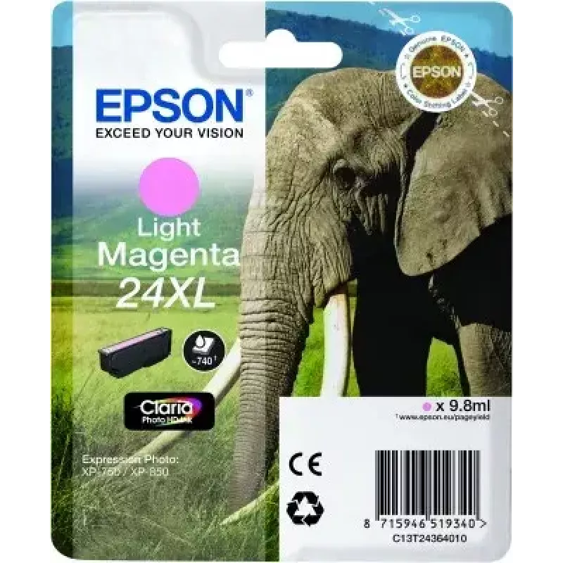Dažų kasetė Epson Elephant Singlepack šviesiai purpurinė 24XL Claria Photo HD (pigmentinė, šviesiai purpurinė)