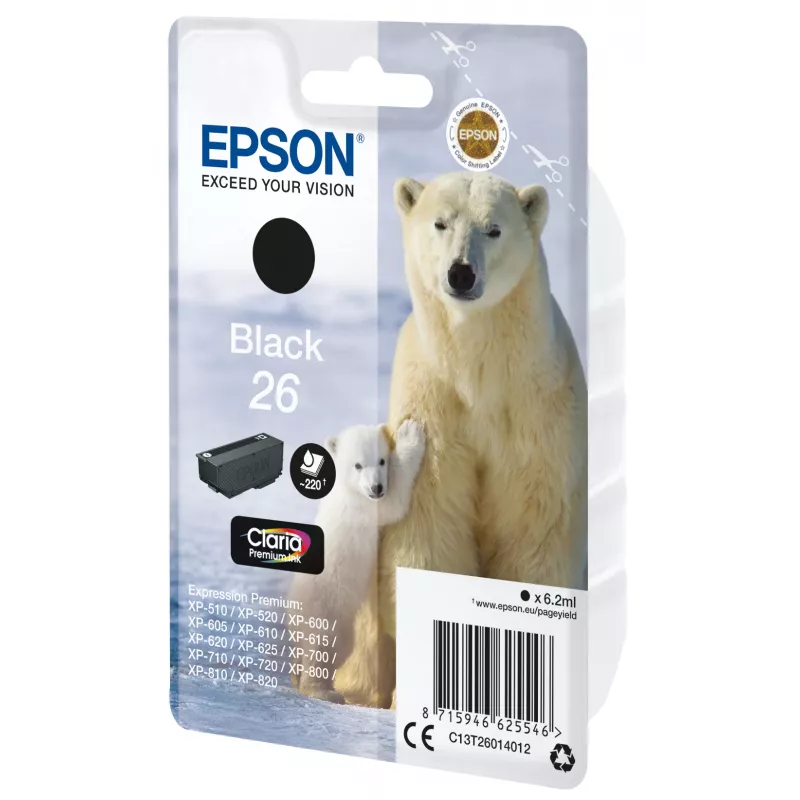 Epson Polar bear Singlepack Black 26 Claria Premium rašalas, juodas, pigmentinis, 6,2 ml, 1 vnt., 220 puslapių
