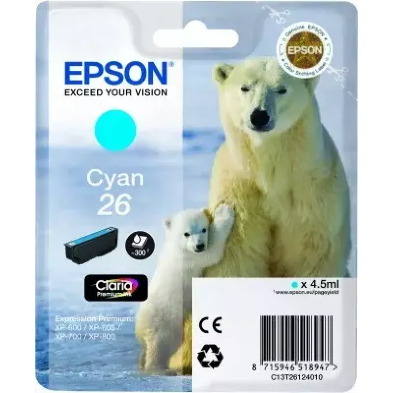 Rašalo kasetė Epson C13T26124010 Vienetinis pakuotė Cyan 26 Claria Premium — Cianinė, 1 vnt.