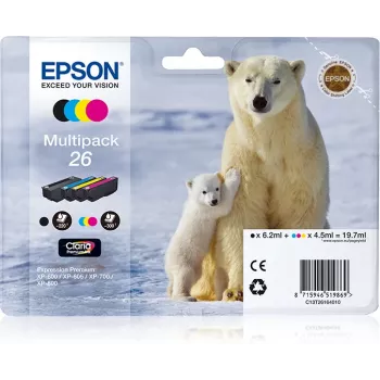 Epson Polar Bear Multipack 4 spalvų 26 Claria Premium rašalas, juoda, žydra, purpurinė, geltona, 6,2 ml, 4,5 ml, 1 vnt., Multipack