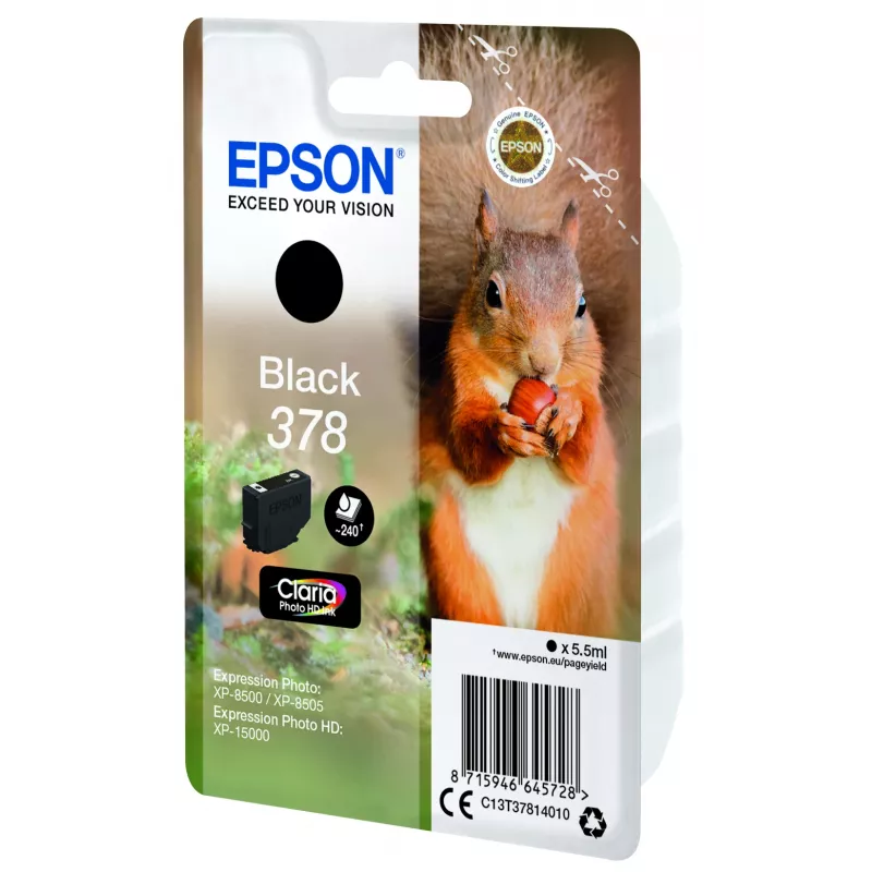 Epson Squirrel Singlepack Black 378 Claria Photo HD rašalas, standartinė talpa, juodas, pigmentinis, 5,5 ml, 1 vnt., 240 puslapių