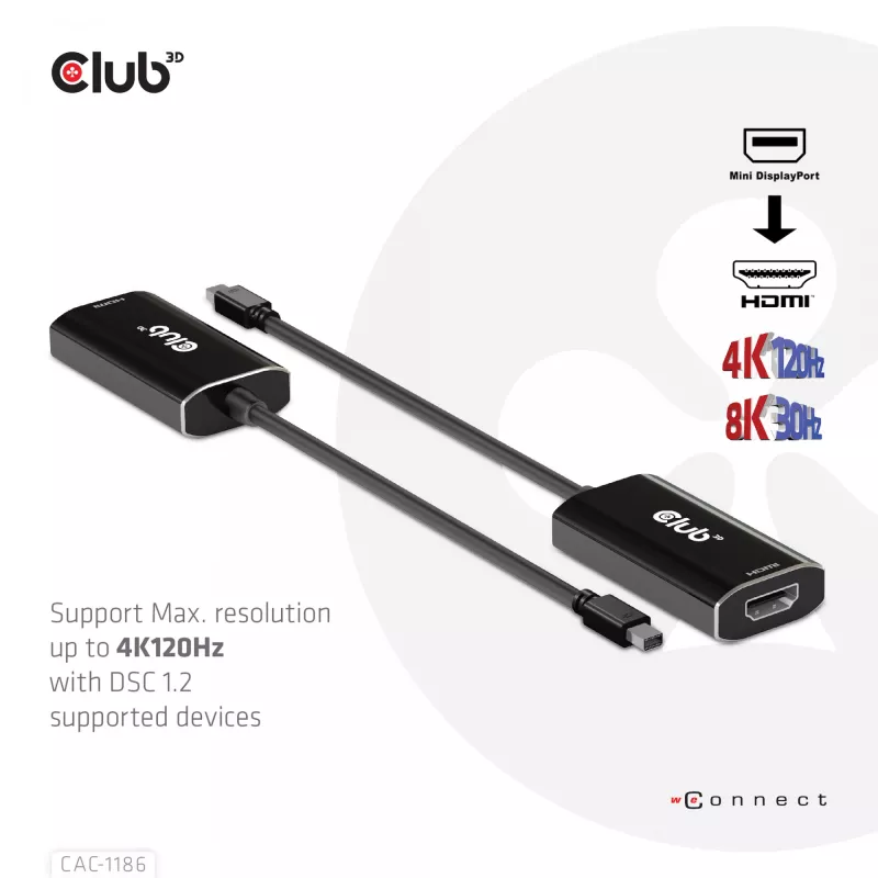 CLUB3D Mini DisplayPort 1.4 į HDMI 4K120Hz su DSC1.2 aktyvus adapteris M/F