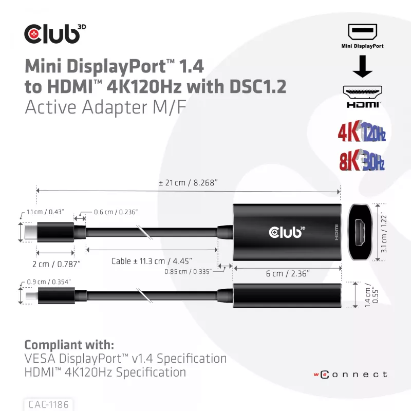 CLUB3D Mini DisplayPort 1.4 į HDMI 4K120Hz su DSC1.2 aktyvus adapteris M/F