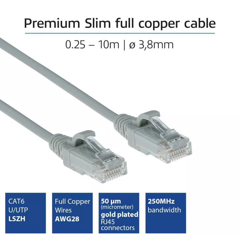 ACT pilkas 0,25 m LSZH U/UTP CAT6 plonas jungiamasis kabelis su apsaugotais RJ45 kištukais
