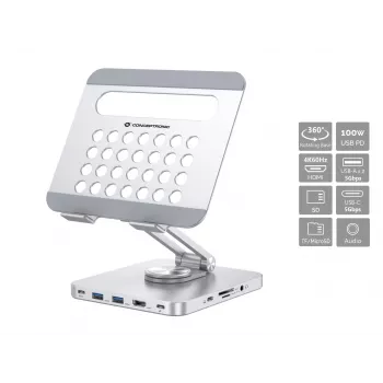 Conceptronic DONN26G sidabrinis multimedijos stovas planšetei su 8-in-1 dokavimo stotele, aliuminis, 100 W