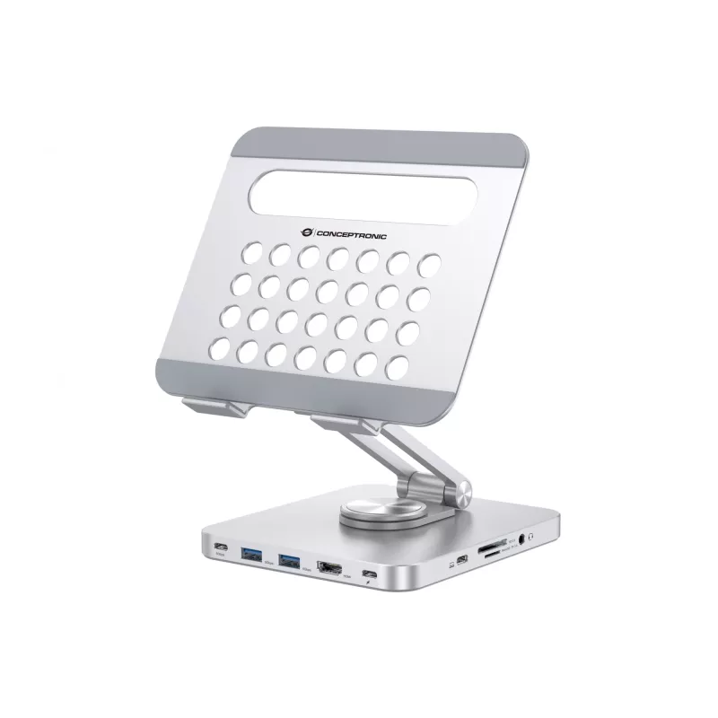 Conceptronic DONN26G sidabrinis multimedijos stovas planšetei su 8-in-1 dokavimo stotele, aliuminis, 100 W