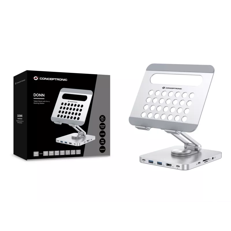 Conceptronic DONN26G sidabrinis multimedijos stovas planšetei su 8-in-1 dokavimo stotele, aliuminis, 100 W