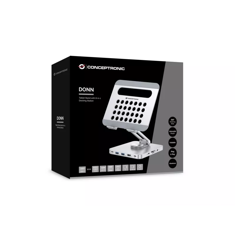 Conceptronic DONN26G sidabrinis multimedijos stovas planšetei su 8-in-1 dokavimo stotele, aliuminis, 100 W