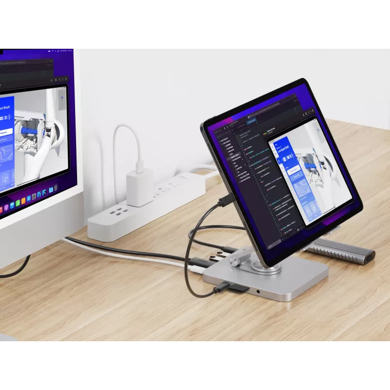 Conceptronic DONN26G sidabrinis multimedijos stovas planšetei su 8-in-1 dokavimo stotele, aliuminis, 100 W