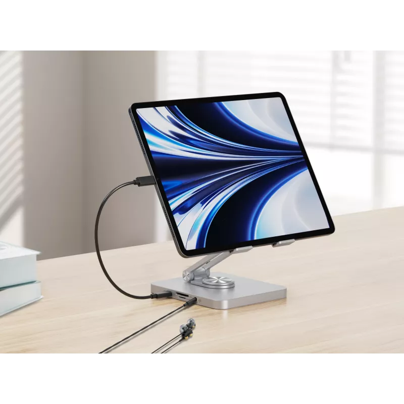 Conceptronic DONN26G sidabrinis multimedijos stovas planšetei su 8-in-1 dokavimo stotele, aliuminis, 100 W