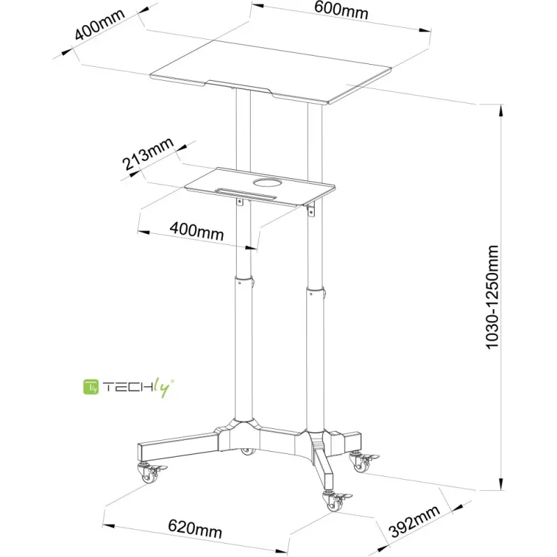 Techly ICA-TB TPM-1BK universalus nešiojamųjų kompiuterių ir projektorių vežimėlis, 103-125 cm, juodas