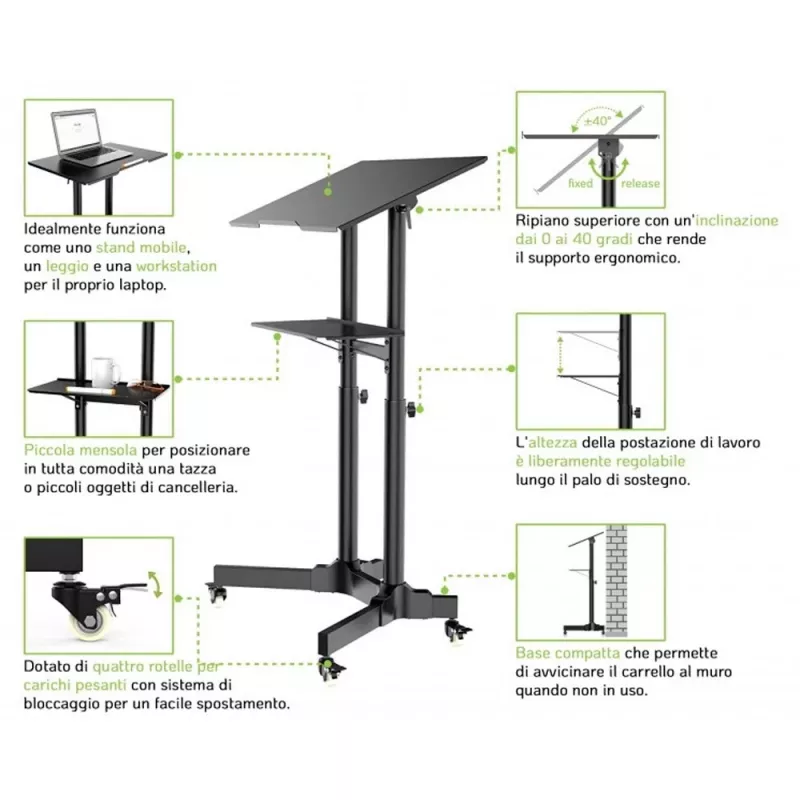 Techly ICA-TB TPM-1BK universalus nešiojamųjų kompiuterių ir projektorių vežimėlis, 103-125 cm, juodas