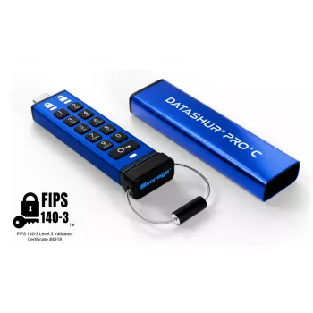 iStorage datAshur PRO+C 32GB | FIPS 140-3 Level 3 sertifikuota | Saugus USB Type-C atmintukas | AES-XTS 256 bitų aparatinė šifracija | Apsauga PIN kodu | Pridedamas C-A adapteris