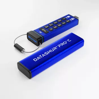iStorage datAshur PRO+C 32GB | FIPS 140-3 Level 3 sertifikuota | Saugus USB Type-C atmintukas | AES-XTS 256 bitų aparatinė šifracija | Apsauga PIN kodu | Pridedamas C-A adapteris