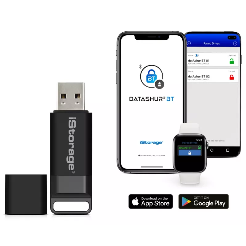 iStorage datAshur BT 64 GB | Šifruotas saugus USB atmintukas | Atrakinimas per išmanųjį telefoną Bluetooth | FIPS 140-2 Level 3 sertifikuotas | Paruoštas nuotoliniam valdymui