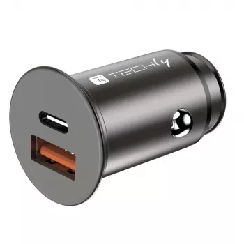 Techly Mini automobilinis įkroviklis USB-A ir USB-C Quick Charge 3.0 38W juodas metalinis