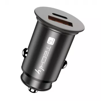 Techly Mini automobilinis įkroviklis USB-A ir USB-C Quick Charge 3.0 38W juodas metalinis