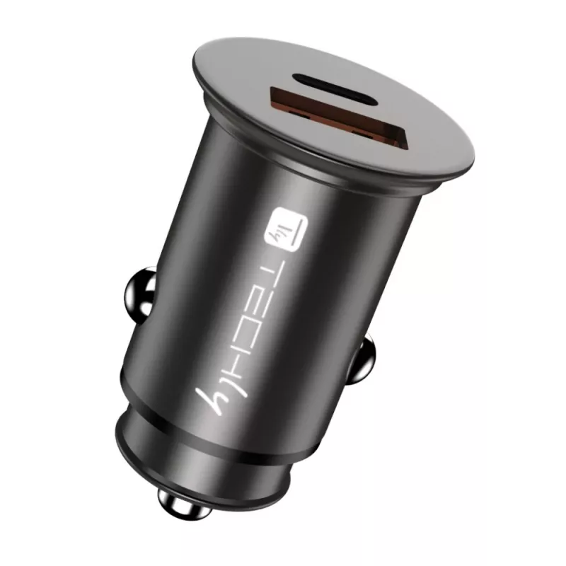 Techly Mini automobilinis įkroviklis USB-A ir USB-C Quick Charge 3.0 38W juodas metalinis