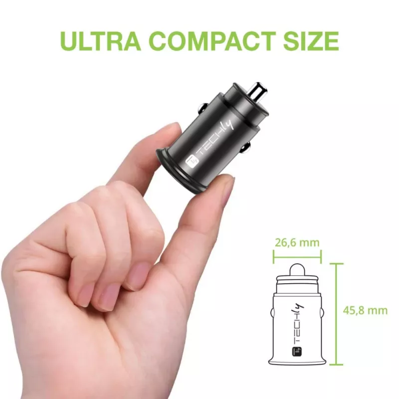 Techly Mini automobilinis įkroviklis USB-A ir USB-C Quick Charge 3.0 38W juodas metalinis