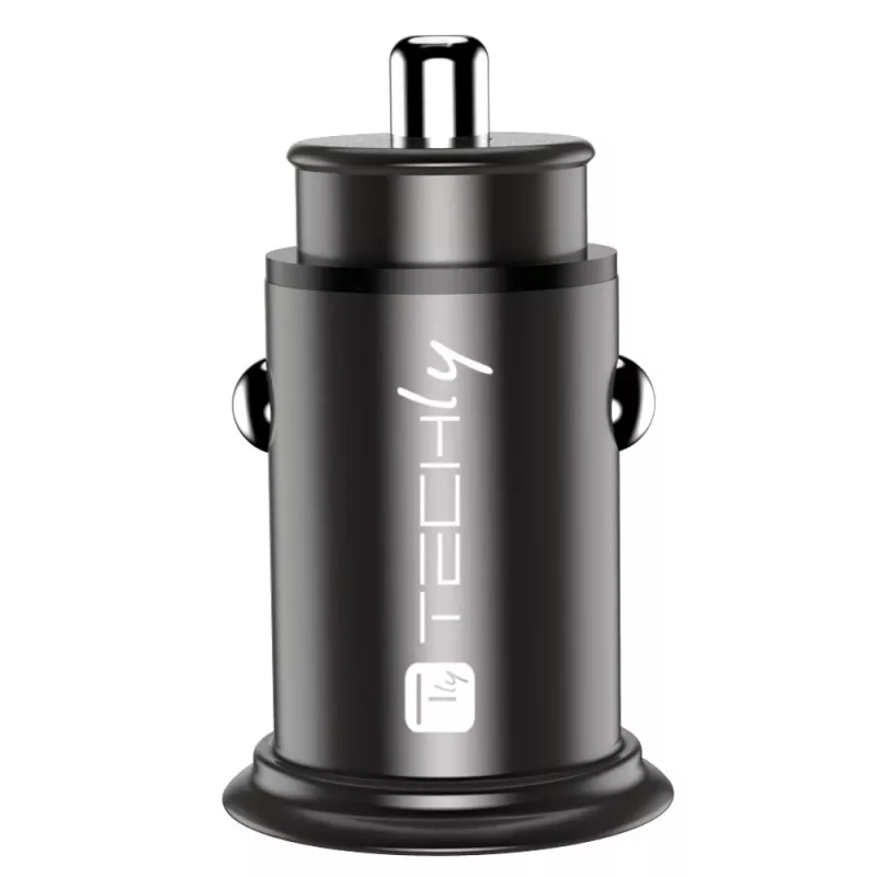 Techly Mini automobilinis įkroviklis USB-A ir USB-C Quick Charge 3.0 38W juodas metalinis