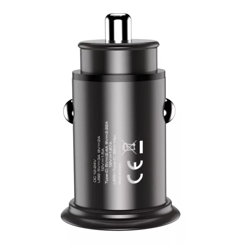 Techly Mini automobilinis įkroviklis USB-A ir USB-C Quick Charge 3.0 38W juodas metalinis
